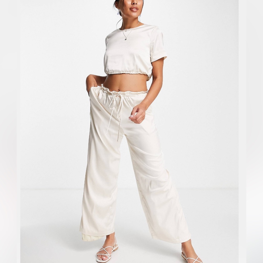 SKYLAR ROSE Two Piece Satin Wide Leg Drawstring Pant & Crop Top Coord Set